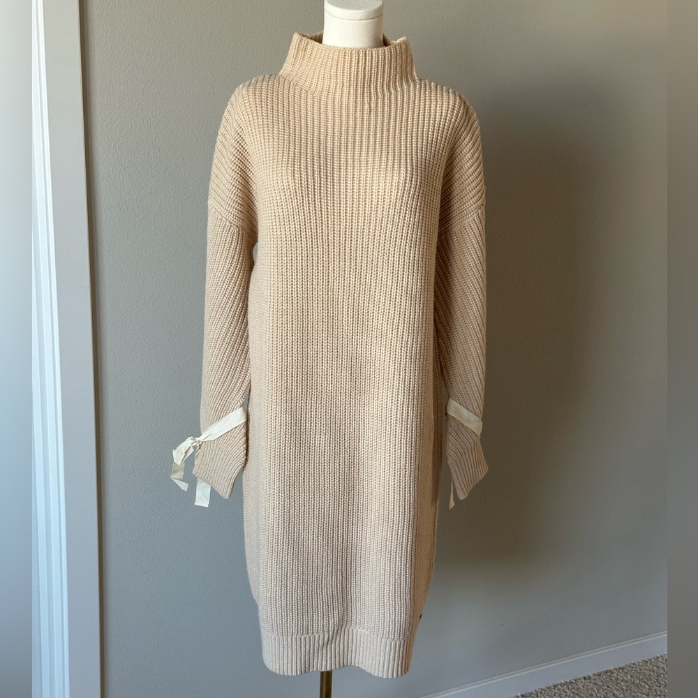 Cozy & Chic Oversized Knit Mock Neck Sweater Dress Satin Bow Cuffs Fits like S/M